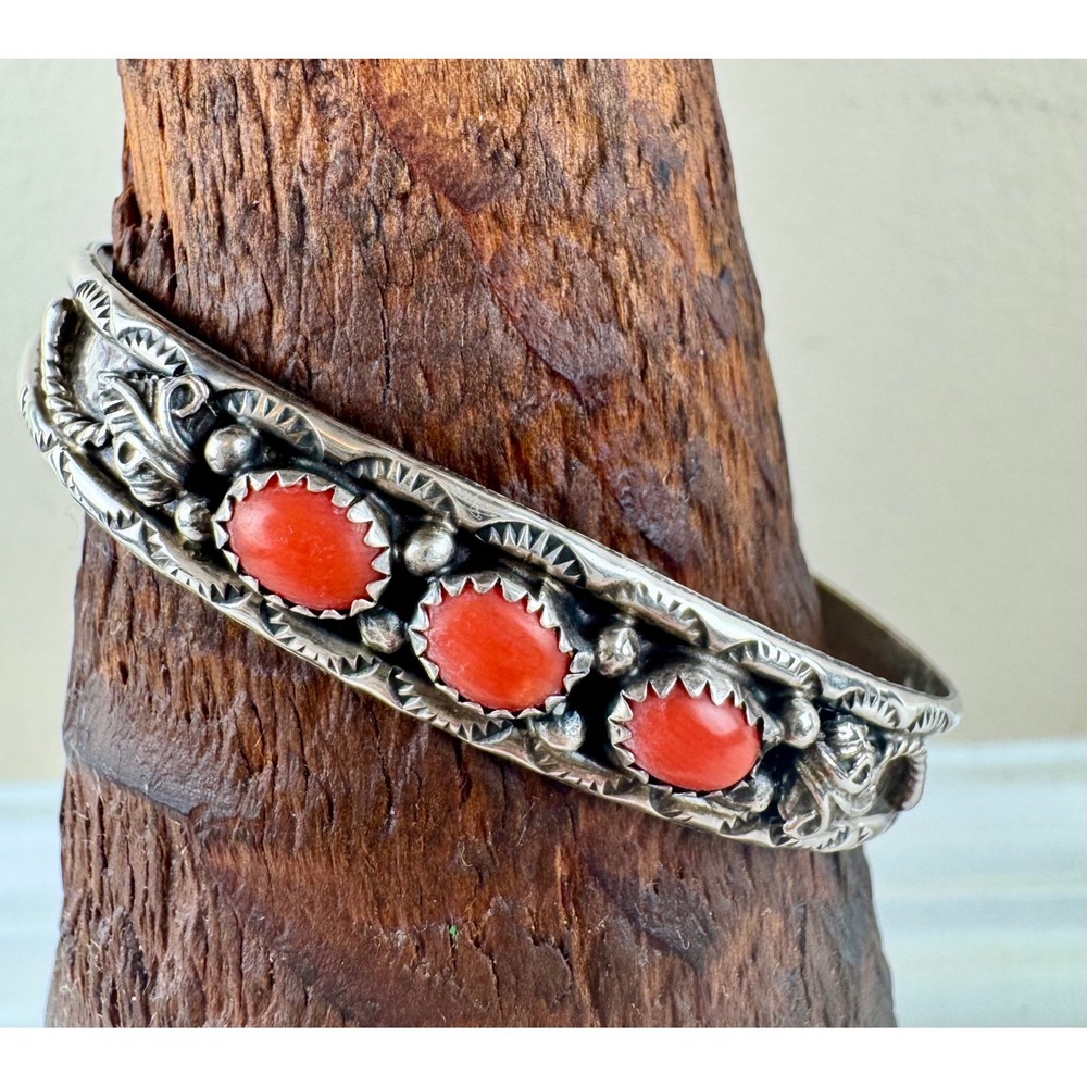 Southwestern Sterling Silver Red Coral Leaf Cuff Bracelet Stamped S Sterling